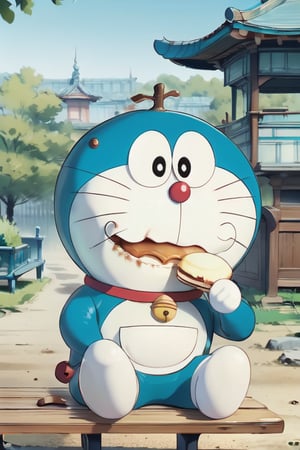 1 Doraemon, smooth, moved, sitting on the bench, eating an dorayaki, background is beautiful park and blurred, smooth, realistic, foodstyle, slight photography, detalied_background, high quality, realistic, real, Detailedface,Laios Touden,Pectoral Focus, glasstech