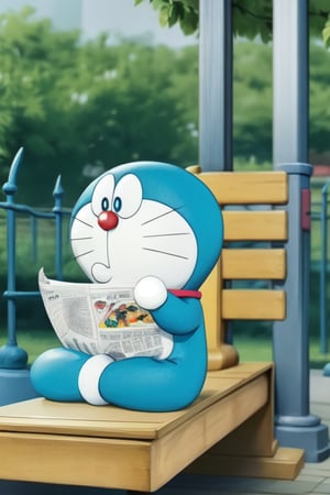 one Doraemon, 
 definded Doraemon's action:
sitting on a bench, looking at a newspaper with multiple pages.
 3d render, Doraemon's limbs remain fingerless.
definded background: beautiful park, blurred,