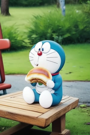 1 Doraemon, moved, sitting on the bench, eating an dorayaki, background is beautiful park and blurred, smooth, realistic, foodstyle, slight photography, detalied_background, high quality, realistic, real_life