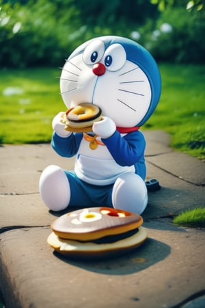 1 Doraemon, moved, sitting on the bench, eating an dorayaki, background is beautiful park and blurred, smooth, realistic, foodstyle, slight photography, detalied_background, high quality, 3d,Details