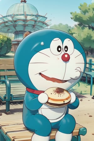 1 Doraemon, smooth, moved, sitting on the bench, eating an dorayaki, background is beautiful park and blurred, smooth, realistic, foodstyle, slight photography, detalied_background, high quality, 2.5d, glasstech