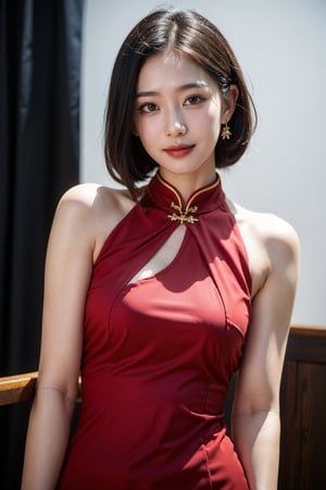 4k,best quality,masterpiece,20yo 1girl,(traditional cheongsam costume, alluring smile, head ornaments 

(Beautiful and detailed eyes),
Detailed face, detailed eyes, double eyelids ,thin face, real hands, muscular fit body, semi visible abs, ((short hair with long locks:1.2)), black hair, black background,


real person, color splash style photo,
,1girl