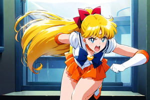 sailor venus, painful face, hands tied,  Creasecent beam hit her directly, open her mouth big, glaring up, shouting, screaming, midnight of school classroom, masterpiece, best quality, high resolution, unity 8k wallpaper, beautiful detailed eyes, extremely detailed face, perfect lighting, extremely detailed CG, perfect hands, perfect anatomy sv1, 

orange skirt, elbow gloves, tiara, pleated skirt, miniskirt, red bow, orange choker, white gloves, jewelry, blond long hair , hair tied back, made into a ponytail, bow, brooch, choker, earrings, elbow gloves, gloves, heart, heart brooch, sailor collar, skirt, pleated skirt, sailor collar, sailor senshi uniform, skirt, stud earrings, white gloves, 

angry face, glaring up, twinkle in the eyes, hero pose, fighting alone, aavenus, crescent beam!