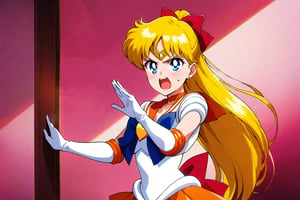sailor venus, painful face, X-shaped restraint, open her mouth big, glaring up, shouting, screaming, midnight of school classroom, masterpiece, best quality, high resolution, unity 8k wallpaper, beautiful detailed eyes, extremely detailed face, perfect lighting, extremely detailed CG, perfect hands, perfect anatomy sv1, orange skirt, elbow gloves, tiara, pleated skirt, miniskirt, red bow, orange choker, white gloves, jewelry, blond long hair , hair tied back, made into a ponytail, bow, brooch, choker, earrings, elbow gloves, gloves, heart, heart brooch, sailor collar, skirt, pleated skirt, sailor collar, sailor senshi uniform, skirt, stud earrings, white gloves, angry face, glaring up, twinkle in the eyes, hero pose, fighting alone, aavenus