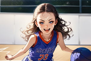 little Meika Woollard, skinny girl, little girl, skinny kids model,1girl, blue eyes, blonde hair, long hair, face approaching, basket ball player's blue costume, basketball player look, blue basketball uniform, standing, smile, happy, gymnasium basketball court, ((sharp face, detailed face, realistic face, naturtal skin, realistic skin, detailed skin, pores)), without facial pattern