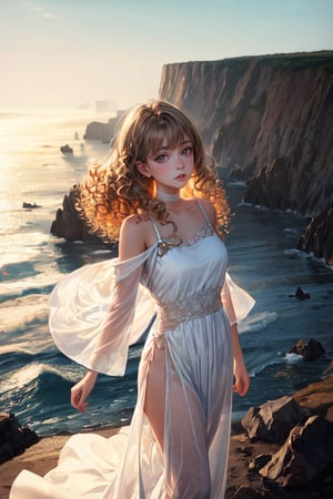 1girl, curly blonde hair, side braid, light brown eyes, wearing white long silk dress, top of costal cliff, absurd res, high res, ultrasharp, 8K, masterpiece, looking at viewer