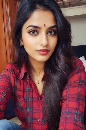 lovely cute young attractive indian girl, brown eyes, gorgeous actress, 23 years old, cute, an Instagram model, long black_hair, colorful hair, winter , Indian, wearing red shirt  and pant ,  mobile selfie , setting on room



