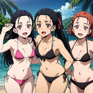 Happy,fang,black hair, forehead,hair ribbon, long hair, multicolored hair, pink eyes, orange hair, slit pupils
wearing bikini