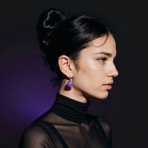 1girl, solo, short hair, black hair, jewelry, upper body, earrings, hair bun, black eyes, from side, gradient, gradient background, makeup, glowing, turtleneck, single hair bun, eyeshadow, purple background, hoop earrings