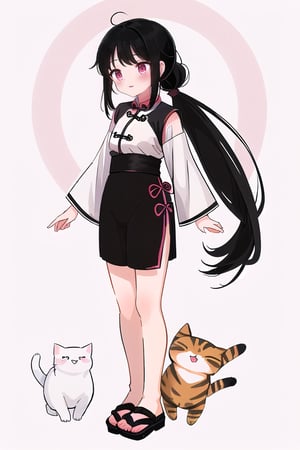 one hand-drawn illustration of a lovely Chinese girl named Mengmeng with long black hair tied in a low ponytail, She is standing slightly turned to the left, with an exaggeratedly humorous expression, looking adorably naive, smiling，The character is half the size of the original proportion,looking at a lovely cat. joke style 