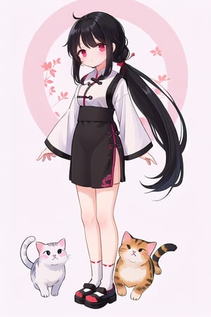 one hand-drawn illustration of a lovely Chinese girl named Mengmeng with long black hair tied in a low ponytail, She is standing slightly turned to the left, with an exaggeratedly humorous expression, looking adorably naive, smiling,The character is half the size of the original proportion,looking at a lovely cat. joke style 