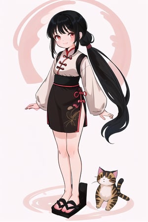 one hand-drawn illustration of a lovely Chinese girl named Mengmeng with long black hair tied in a low ponytail, She is standing slightly turned to the left, with an exaggeratedly humorous expression, looking adorably naive, smiling,The character is half the size of the original proportion,looking at a lovely cat. joke style 