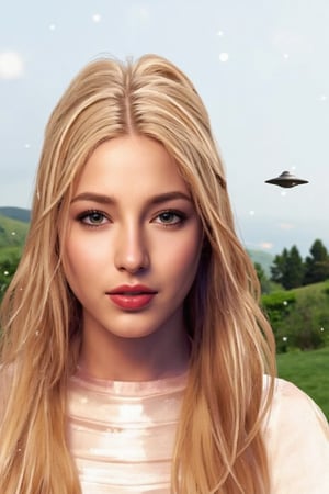 extraterrstial female with blond hair and there is a silver ufo in the background 
with a lot of stars, galaxies, planets, black holes and nebulas 
