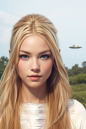 extraterrstial female with blond hair and there is a silver ufo in the background 
with a lot of stars, galaxies, planets, black holes and nebulas 
