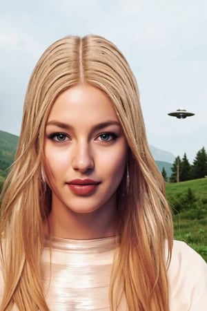 extraterrstial female with blond hair and there is a silver ufo in the background 
with a lot of stars, galaxies, planets, black holes and nebulas 
