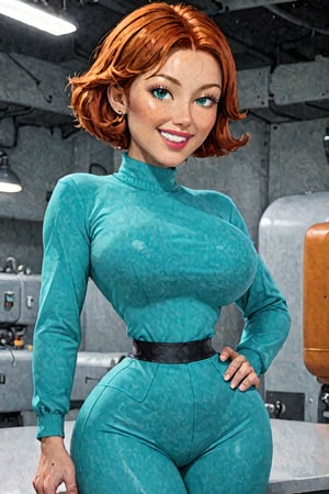 alone, milf, tight light green shirt, high collar, tight dark green pants, seductive smile, red hair, green eyes, in classic 3D animation style, 
,m_fenton, sedutive, large big_booty, view from front,hand on hip,<lora:659095807385103906:1.0>
