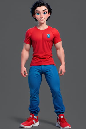 male,teenager, 18, full_body, crotch_bulge, smiling, happy, black hair, blue eyes, strong athletic body, buff body,masculine,3d toon style,disney pixar style, red plain tshirt, blue jeans, red tennis_shoes, impossible_fit, big crotch buldge,<lora:659095807385103906:1.0>