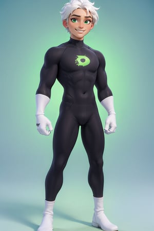 male,teenager, 18, full_body, ((large crotch_bulge)), ((big bulge)) ((Mischievous smile)), white hair, green eyes, strong athletic body, buff body,DannyPhantom, masculine,3d toon style,disney pixar style, black bodysuit, long white gloves, (rediculous_fit), powerfule pose,<lora:659095807385103906:1.0>
