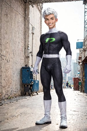 teenage, danny phantom, full_body, crotch_bulge, Mischievous smile, white hair, green eyes, in classic 3D animation style
,<lora:659095807385103906:1.0>