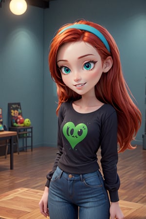 3d toon style,disney pixar style, alone, female, teenager, cheerful smile, red hair, long_hair, green eyes, sexy, jazz fenton,blue hairband, black long sleeved shirt, fit, blue jeans,<lora:659095807385103906:1.0>