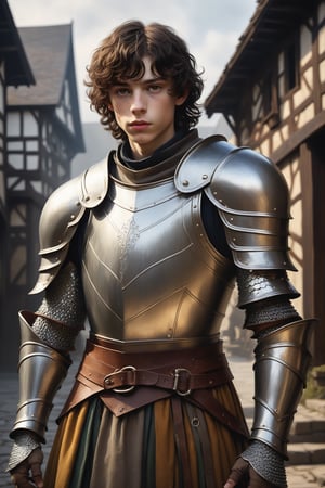 Resembling a digital painting or concept art in the style of Gerald Brom
BREAK score_9, score_8_up, ultra sharp detail, ultra realistic
BREAK (((full body))), looking at viewer
BREAK Solo, 20 year old man, with brown hair and  gray eyes. His facial features resemble Finn Wolfhard
BREAK (((Full body))), muscular
BREAK dressed and equiped like a medieval paladin, wearing chainmail armor