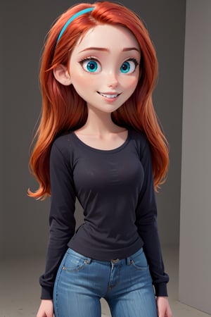 3d toon style,disney pixar style, alone, female, teenager, cheerful smile, red hair, long_hair, green eyes, sexy, jazz fenton,blue hairband, black long sleeved shirt, fit, blue jeans,<lora:659095807385103906:1.0>