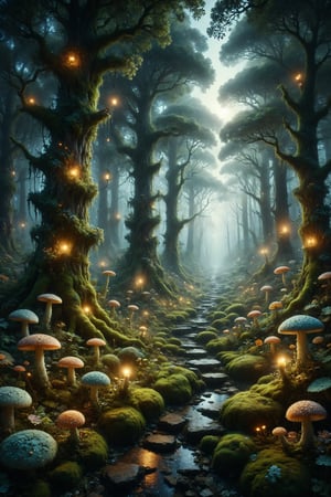 Create an illustration of an enchanted forest where forest creatures, such as fairies and elves, light the way with their bioluminescent glow. Trees are covered in glowing lichens and luminous mosses that create a spectacle of lights and shadows in the twilight of the forest. Use a palette of soft and ethereal colors to highlight the magic of the enchanted forest.