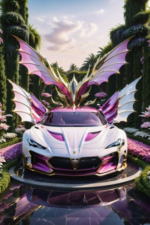 High definition photorealistic render of a pink, purple and white luxury super car, located in a beautiful flower garden, in a lush interior of a flower palace and a mystical and enigmatic place. In the background, a parametric sculpture emerges adorned with dragon wings, made of metal, marble and iridescent glass, embellished with precious diamonds. Symmetrical curves resembling a dragon's wings adorn a black and white marble background, accented with gold accents and chaotic Swarovski elements, inspired by the style of Zaha Hadid and exhibiting golden iridescence. The design is reminiscent of Tomorrowland 2022's main stage, incorporating ultra-realistic Art Deco elements and a high level of image complexity.