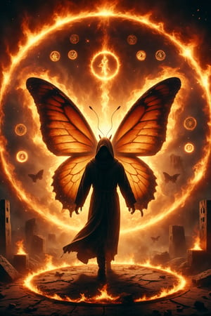 A giant butterfly emerges from a circle of fire, its wings adorned with tarot symbols, while a hooded figure watches from the shadows, symbolizing transformation and spiritual rebirth.