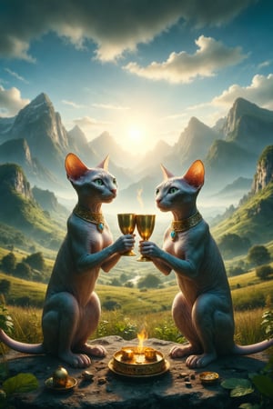 Design a scene of two Sphynx cats toasting with golden metal cups, in a natural environment, of green land and small mountains and blue sky, during the day