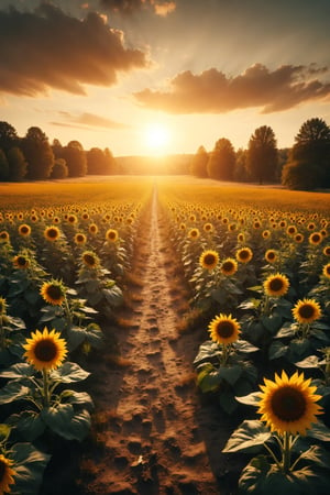 A field of sunflowers following the path of the sun, creating a circular dance where love and friendship spread like light and warmth on a radiant day.