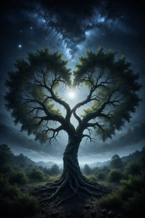 Two trees intertwined by their branches, forming a heart in the night sky, where stars shine as witnesses of eternal love.