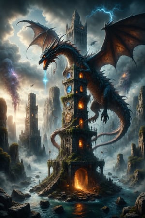 A crystal dragon coils around a floating tower, with tarot symbols engraved on its scales, while a brave figure ascends the tower, symbolizing the battle against internal challenges and personal triumph.