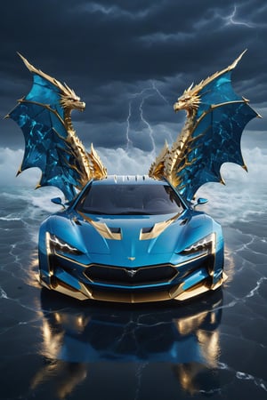 High definition photorealistic render of the isometric view of an electric blue luxury super car, located in the middle of the ocean, with a dark sky and many lightning bolts and a mystical and enigmatic place. In the background, a parametric sculpture emerges adorned with dragon wings, made of metal, marble and iridescent glass, embellished with precious diamonds. Symmetrical curves resembling a dragon's wings adorn a black and white marble background, accented with gold accents and chaotic Swarovski elements, inspired by the style of Zaha Hadid and exhibiting golden iridescence. The design is reminiscent of Tomorrowland 2022's main stage, incorporating ultra-realistic Art Deco elements and a high level of image complexity.