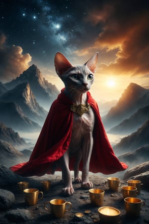 Design a scene of a Sphynx cat walking towards a mountain, facing away and wearing a red cape, walking under a night sky, and behind him you must make 8 gold metal cups