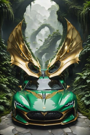 High definition photorealistic representation of the front view of a green luxury super car, located in the middle of the jungle, with trees, vines, rocks and mosses and a green river, and a mystical and enigmatic place. In the background, a parametric sculpture emerges adorned with dragon wings, made of metal, marble and iridescent glass, embellished with precious diamonds. Symmetrical curves resembling a dragon's wings adorn a black and white marble background, accented with gold accents and chaotic Swarovski elements, inspired by the style of Zaha Hadid and exhibiting golden iridescence. The design is reminiscent of Tomorrowland 2022's main stage, incorporating ultra-realistic Art Deco elements and a high level of image complexity.