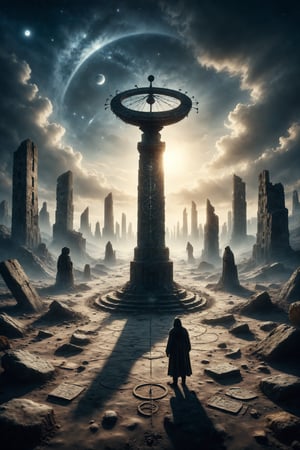 A giant sundial casts shadows that form tarot symbols over a lunar landscape, while a hooded figure follows the shadows in search of answers, representing the quest for truth through time.