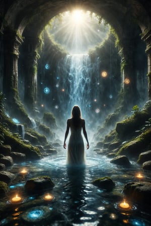 A waterfall of light and shadow flows from a cosmic portal, with tarot symbols glowing in the water, while a figure in trance bathes in the luminous waters, symbolizing purification and spiritual renewal.