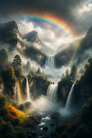 A waterfall emerging from a mountain suspended in the sky, falling into a rainbow of colors fading into the mist, creating a celestial vision of unparalleled beauty.