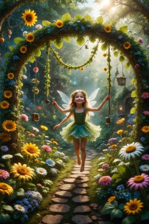 Generate an image of a fairy tale garden where flowers and plants come to life. Daisies smile, sunflowers dance, and vines form swings for children to play on. A friendly fairy guides the children through the garden, showing them the magical secrets of the place. Use bright colors and whimsical details to highlight the wonder of the enchanted garden.