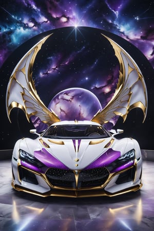 High definition photorealistic render of a purple and white luxury super car, located in interstellar space with millions of stars and galaxies and planets, with rays of light passing through, and a mystical and enigmatic place. In the background, a parametric sculpture emerges adorned with dragon wings, made of metal, marble and iridescent glass, embellished with precious diamonds. Symmetrical curves resembling a dragon's wings adorn a black and white marble background, accented with gold accents and chaotic Swarovski elements, inspired by the style of Zaha Hadid and exhibiting golden iridescence. The design is reminiscent of Tomorrowland 2022's main stage, incorporating ultra-realistic Art Deco elements and a high level of image complexity.