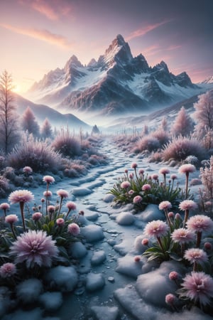 Generate an image of a frozen garden in the heart of winter, where crystal flowers make their way through the frost and ice. In the background, snow-covered mountains rise against a pastel sky, creating an impressive and serene view. Use soft and bright colors to highlight the delicacy and purity of the winter landscape.