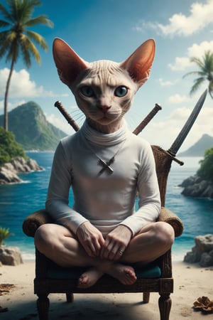 Design a scene of a Sphynx cat blindfolded, and he must hold 2 swords forming an X on his chest, dressed in white, sitting on a chair with the sea and islands in the background

