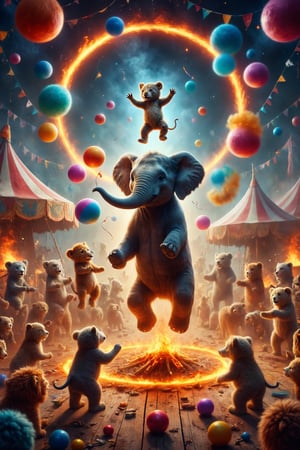 Design a scene of a magical circus with animal performers and children. Elephants juggle colorful balls, lions jump through (fake) fire hoops, and bears ride unicycles. Children participate in the acts, tossing balls and riding ponies. Use bright colors and a cheerful atmosphere to capture the excitement and fun of the magical circus.