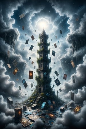 A tower of crystal rises amidst a sea of clouds, with tarot cards floating around it like leaves in the wind, while a solitary figure watches from the top, symbolizing the connection between heaven and earth.