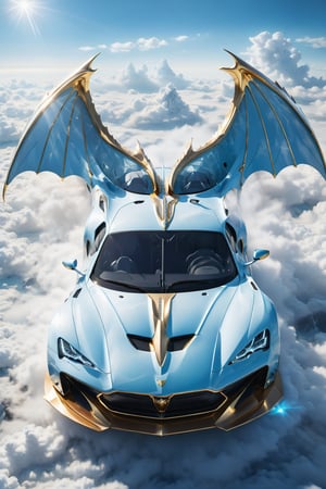 High definition photorealistic render of a light blue and white luxury super car, located above the clouds, surrounded by clouds in a mystical and ethereal space, with rays of light passing through, and a mystical and enigmatic place. In the background, a parametric sculpture emerges adorned with dragon wings, made of metal, marble and iridescent glass, embellished with precious diamonds. Symmetrical curves resembling a dragon's wings adorn a black and white marble background, accented with gold accents and chaotic Swarovski elements, inspired by the style of Zaha Hadid and exhibiting golden iridescence. The design is reminiscent of Tomorrowland 2022's main stage, incorporating ultra-realistic Art Deco elements and a high level of image complexity.