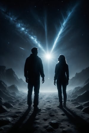 Two comets crossing in the sky, leaving a trail of light that draws the silhouette of two twin souls destined to meet.