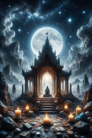 A crystal temple stands in a lunar landscape, with tarot cards floating inside like stars, while a meditating figure absorbs the temple's energy, representing the connection with the divine and inner knowledge.