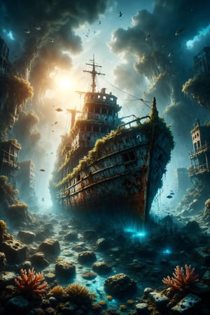 Create an illustration of an underwater shipwreck, where an ancient ship lies covered in coral and surrounded by schools of fish. Sunlight penetrates through the water surface, illuminating the wreckage and creating a ghostly and evocative atmosphere. Use a palette of cool and shadowy colors to highlight the history and beauty of the underwater shipwreck.