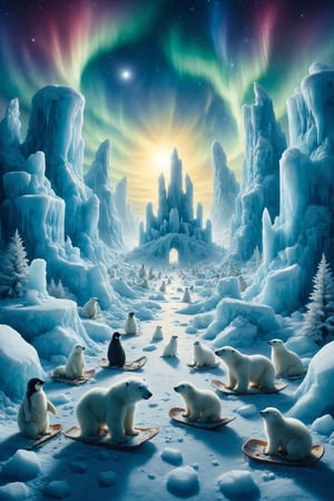 Create an illustration of an ice and snow kingdom where children play with friendly polar animals. Polar bears pull sleds, penguins ice skate, and seals play with snowballs. Children build ice castles and have snowball fights under the northern lights. Use a palette of cool and bright colors to highlight the beauty and fun of the winter kingdom.